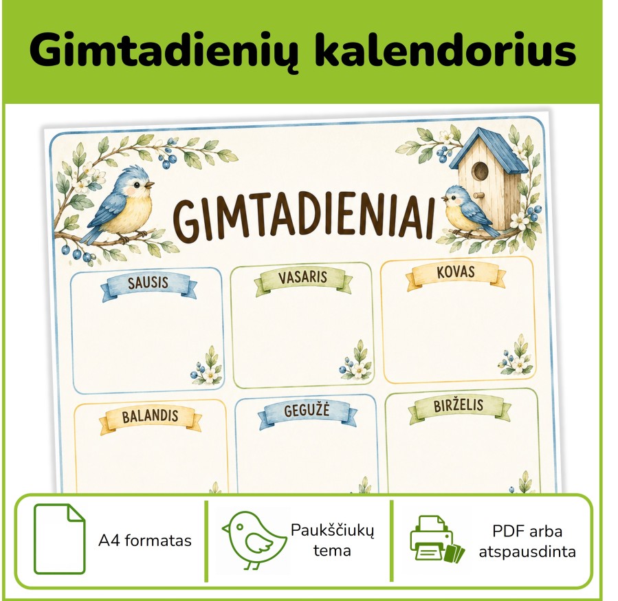 Gimtadienių kalendorius | Paukščiukų tema (Nr. P178)